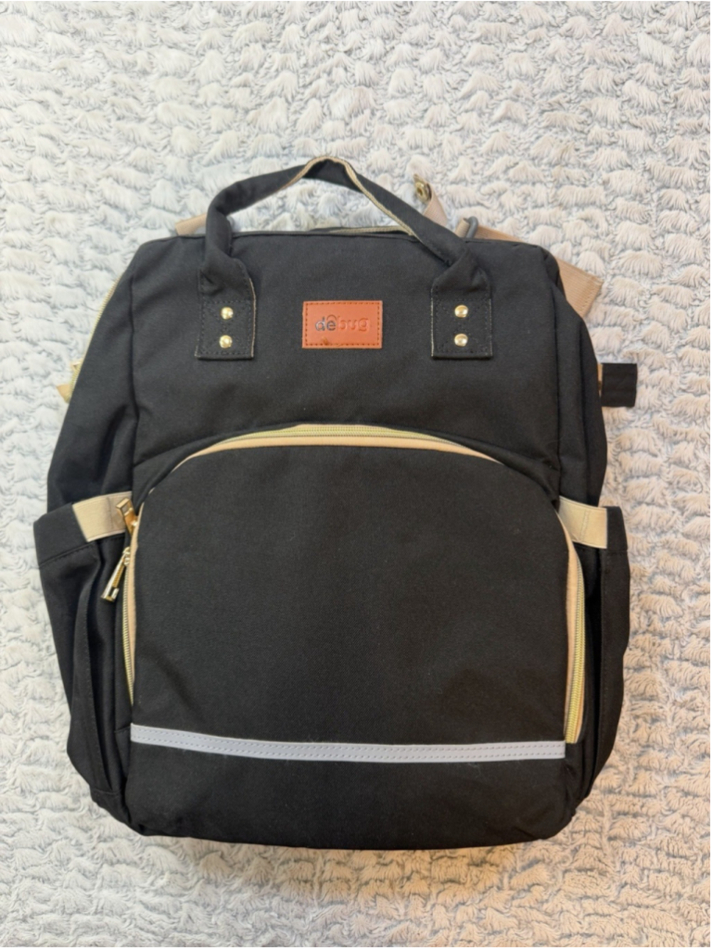 debug Black/Beige Polyester Diaper Bag Backpack, Adjustable Straps, Pockets